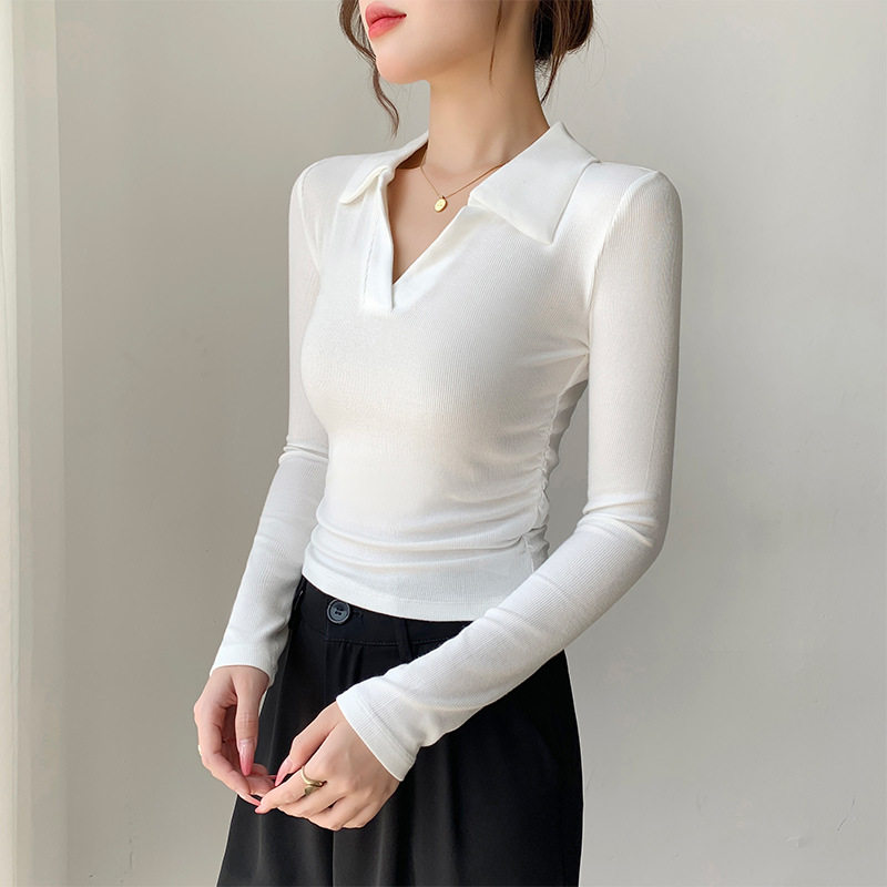 白色polo领长袖打底衫女