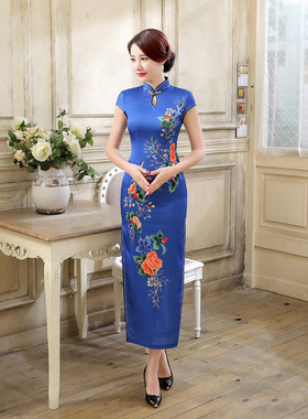 新款时尚改良日常旗袍修身长款印花连衣裙复古大码包臀裙 C0065