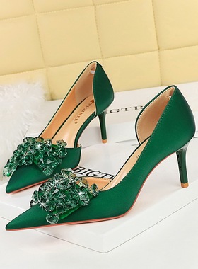 3226-AH27宴会欧美风女鞋细跟高跟浅口尖头侧镂空水钻蝴蝶结单鞋