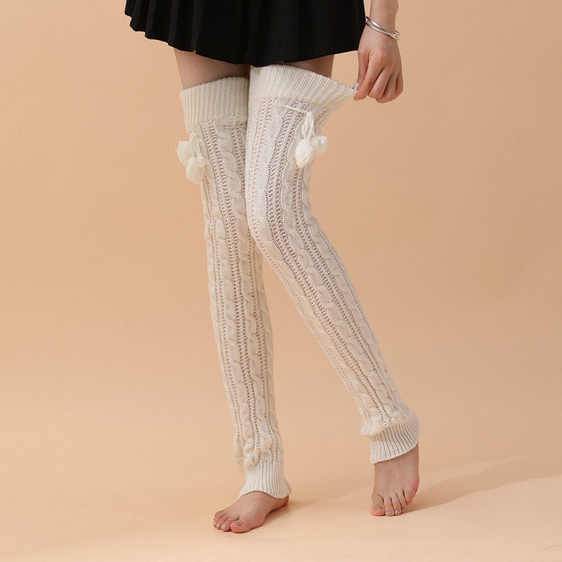 日系甜美长筒过膝腿套秋冬针织加厚保暖毛球袜套可爱球球高筒jk袜