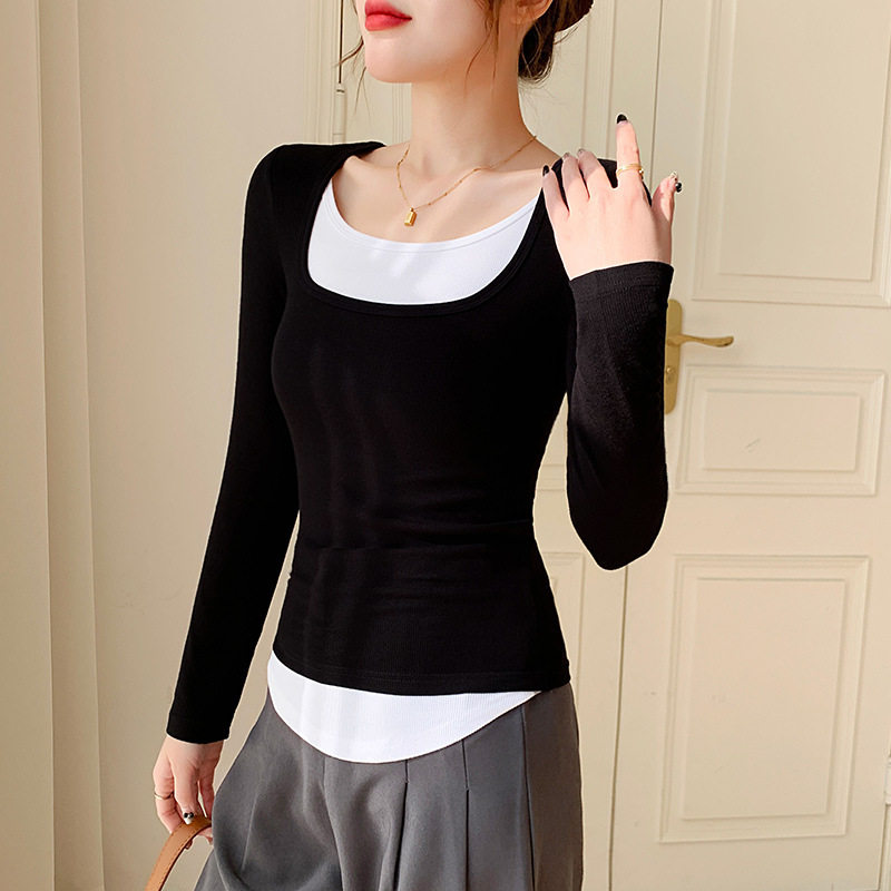 撞色u领长袖打底衫女内搭