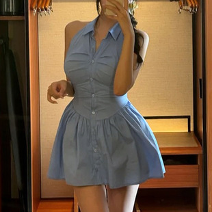 韩国东大门气质修身性感女人味褶皱收腰显身材挂脖无袖衬衫连衣裙