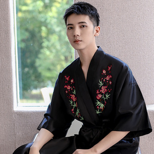 秋季新款男士睡衣浴袍黑色中国风绸缎宽松舒适酒店浴场厂家