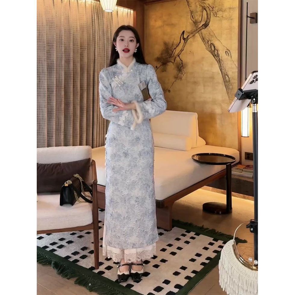 新中式女装国风清冷感改良旗袍民国大小姐毛毛拼接盘扣连衣裙秋冬