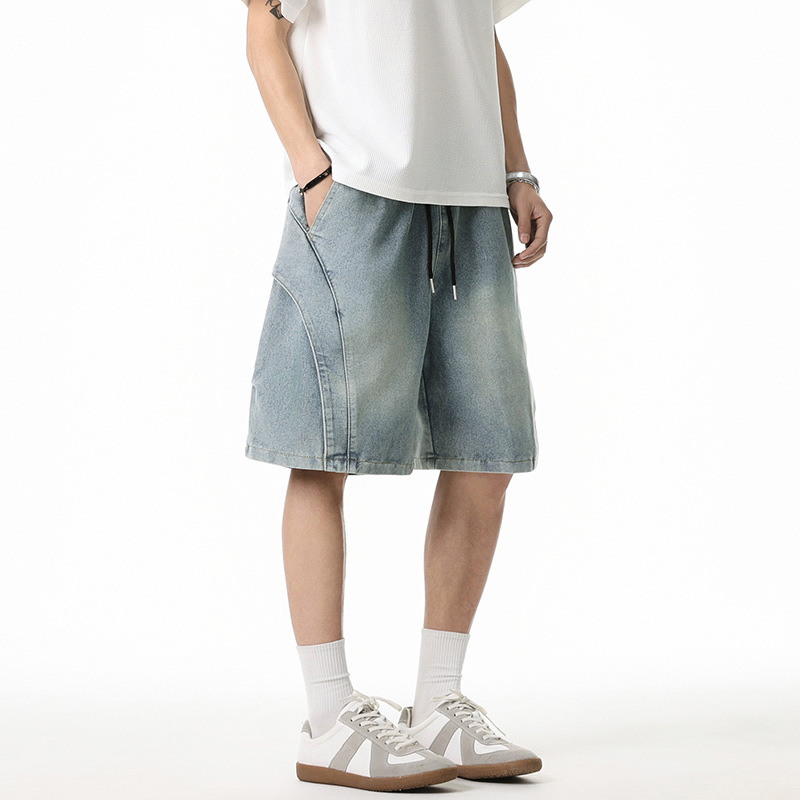 立体活页设计牛仔短裤男夏季新款层次打褶裤子做旧休闲工装五分裤