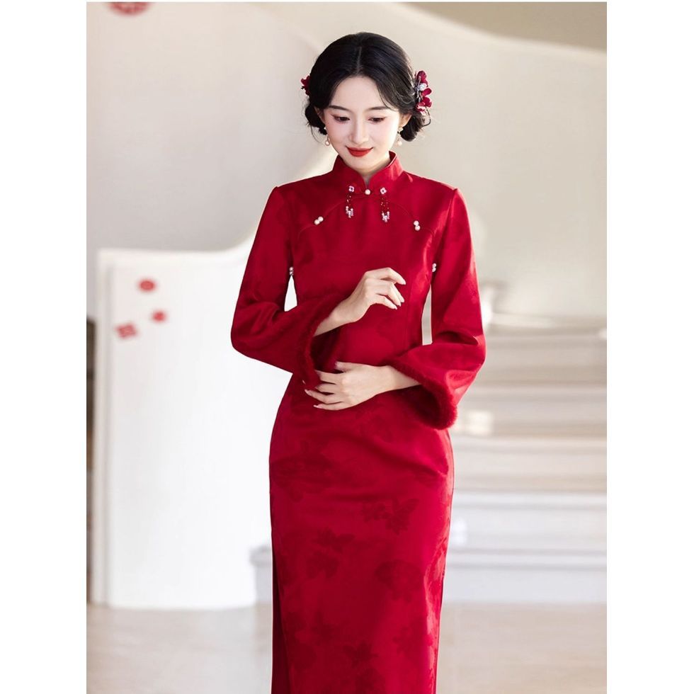 秋冬季长袖加厚敬酒服旗