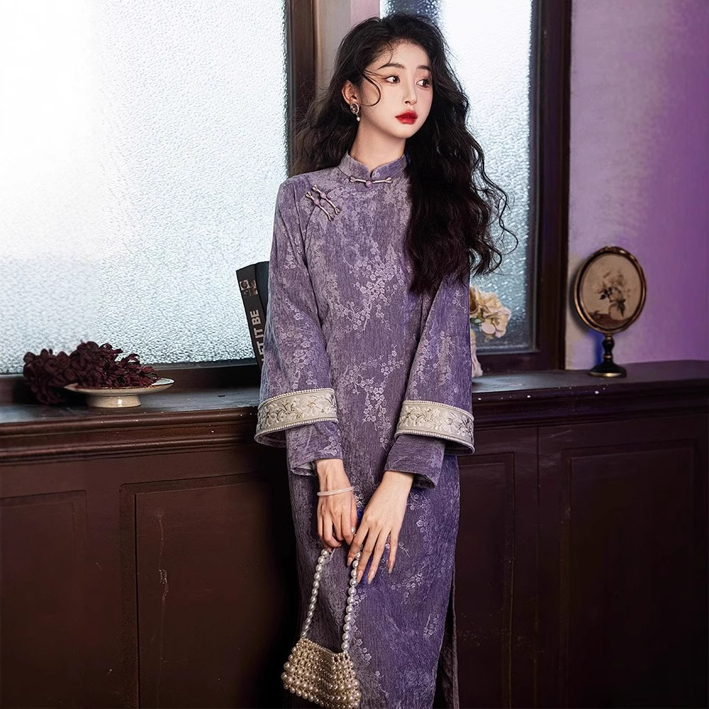新中式长袖民国大小姐旗袍2025新款改良中国风少女复古紫色秋冬季