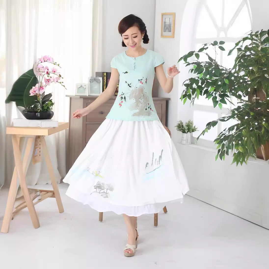 中国风复古插袋松紧腰大