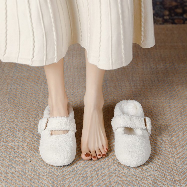 5cm小个子内增高勃肯鞋白色毛毛半拖鞋女外穿玛丽珍鞋冬保暖棉鞋