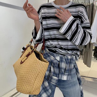 现货香蕉姐妹BANANA 横条纹针织t恤 宽松休闲羊毛套头薄款针织衫