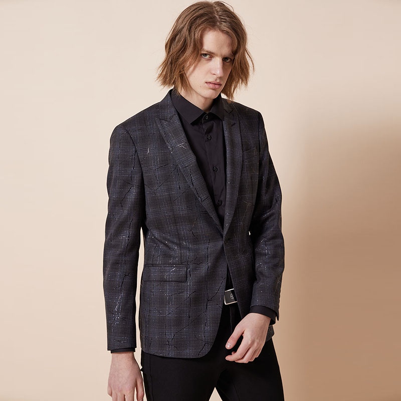 威雅西装外套RARE蓝灰格纹提花