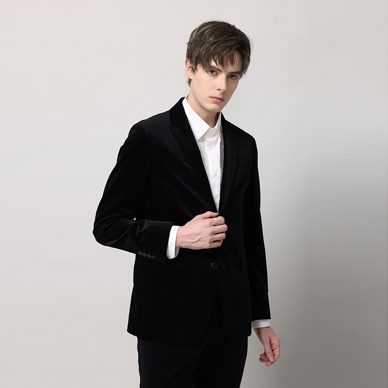 RARE威雅男装奥莱秋冬新款男士黑色丝绒压花领底拼皮商务正装西服