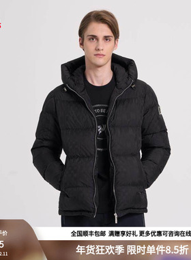 RARE威雅男装秋冬奥莱【鹅绒】黑色提花款保暖加厚连帽羽绒服