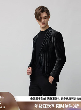 RARE威雅男装奥莱秋冬男士商务绅士款黑色宽窄竖条拼接单西