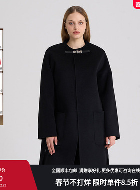 RARE威雅女裤秋冬羊绒双面呢黑色中长款大衣RR2246150123