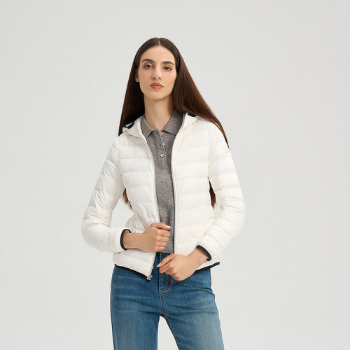 RARE威雅女装 2025秋冬连帽外套女士纯色经典休闲白色轻薄羽绒服