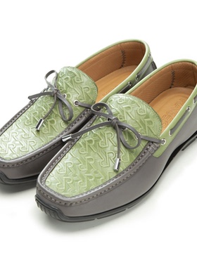 RARE威雅意大利男鞋夏季新款一脚蹬懒人舒适绿色压印皮拼接款皮鞋