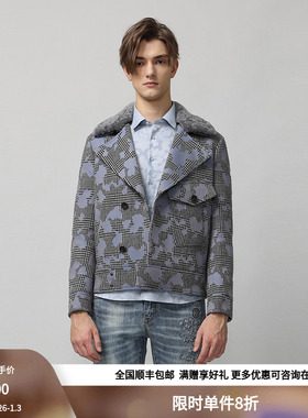 RARE威雅男装奥莱秋冬男士蓝紫色块不规则千鸟格短款翻领大衣