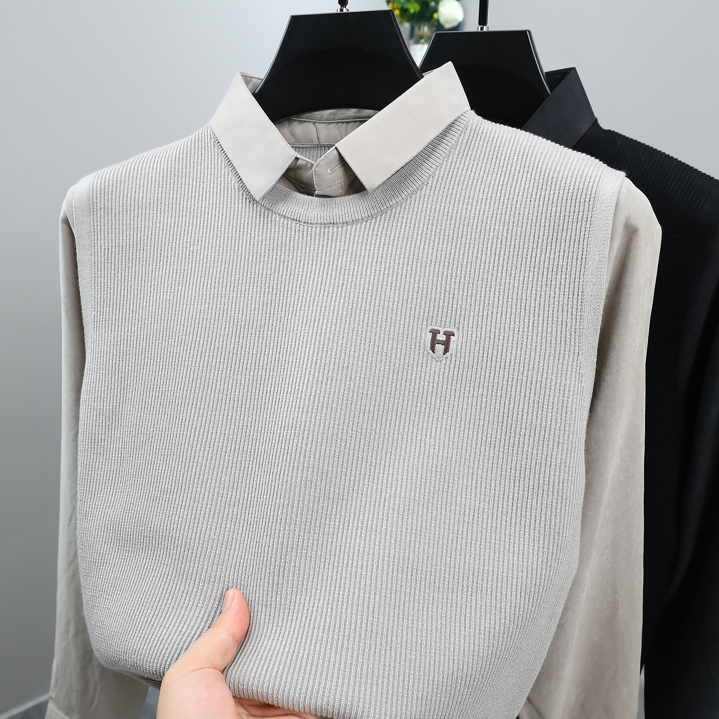 高端假两件毛衣男秋冬季新款