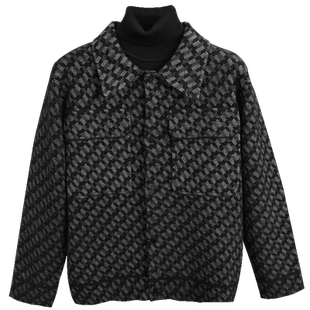 时尚舒适羽绒内胆格子毛呢子大衣外套男短款翻领男士夹克2023秋冬