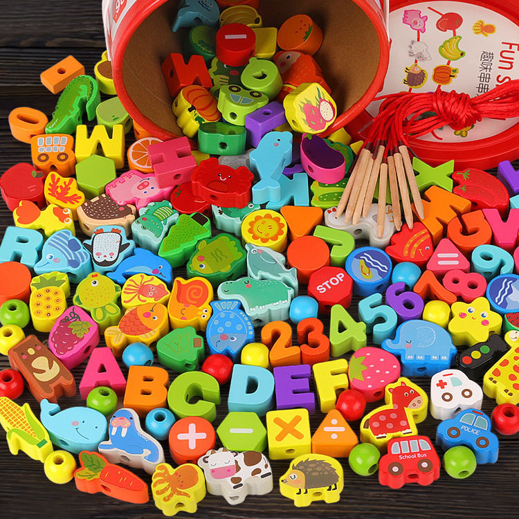 木制宝宝早教益智积木玩具 2-3-4岁半男女孩婴幼儿童串珠子穿线绳