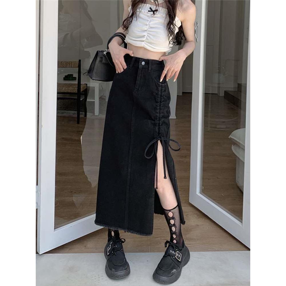 Black High Waist Split Denim Skirt Women