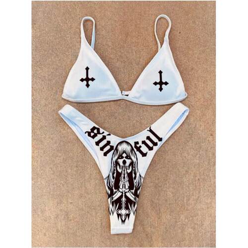 Women Funny Letters Print 2Pcs Bikini Suits Deep V-neck Deta