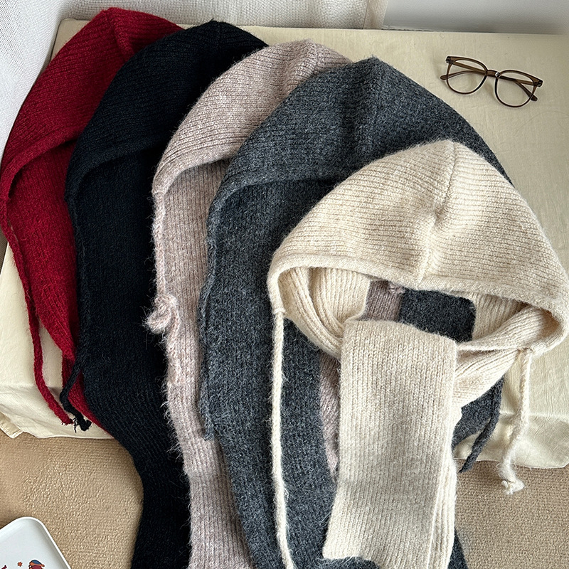 个性具象化~系带法帽披肩一体围巾绑绳针织纯色连帽子秋冬围脖