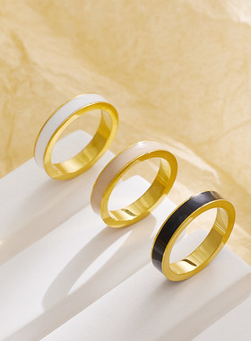 市场新款冷淡风滴胶钛钢戒指简约轻奢设计小众珐琅情侣对戒