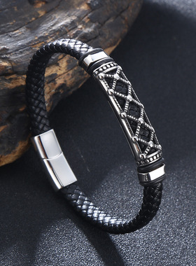 【一手货源】跨境新款皮革手环复古格纹不锈钢男士编织嘻哈手链