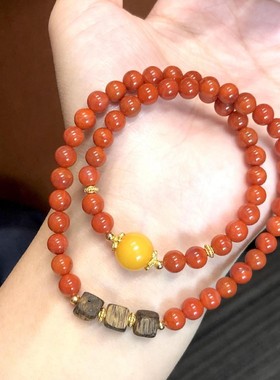 天然满色南红串珠搭配老蜜蜡双圈方糖沉香木文玩手串送女友礼物款