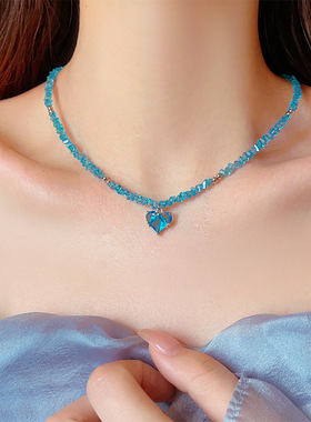 湖蓝色爱心水晶串珠项链夏清新甜美锁骨链气质网红三角碎水晶