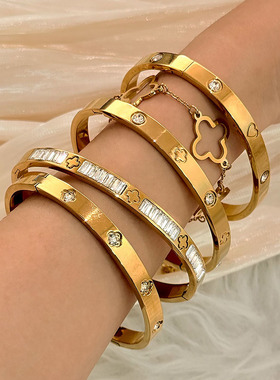 跨境不锈钢金色手镯套装镶钻四叶草手镯四叶草手链gold bangles
