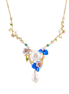 新款手绘珐琅珍珠项链蓝花珍珠造型轻奢时尚感锁骨链现货