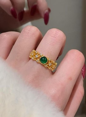 新款翠绿盈然开口戒指女镶嵌祖母绿饰品感轻奢气质个性百搭款