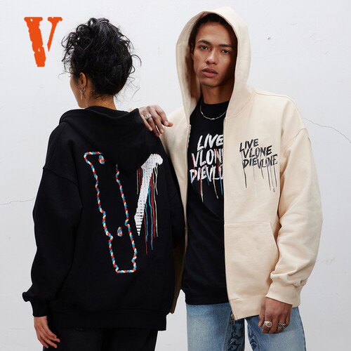 VLONE潮牌大v拉链连帽卫衣美式街头男女同款帽衫立体刺绣外套新款