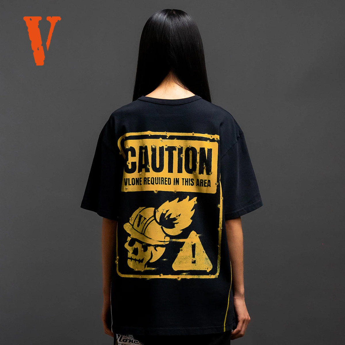 VLONE 美款 [BBB]系列骷髅警示标烫钻印花做旧水洗T恤男女同款