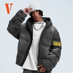 VLONE 钢印LOGO 冬季刺绣标语 成衣水洗做旧 高领连帽牛仔羽绒服