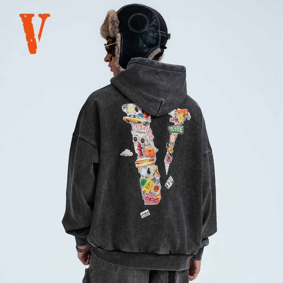 VLONE 贴纸涂鸦大LOGO印花  做旧水洗宽松连帽卫衣 男女同款