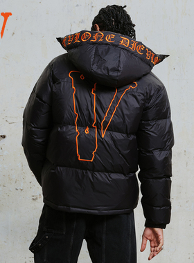 VLONE标语大LOGO刺绣可拆卸连帽面包服2025新款加厚羽绒服情侣款