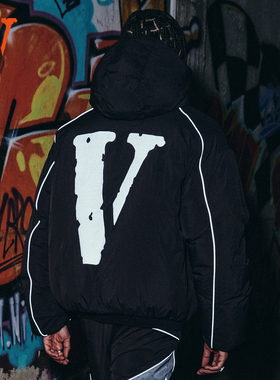 VLONE冬季3M反光系列大LOGO印花加厚宽松高领连帽立体剪裁羽绒服