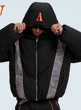 VLONE 冬季 拼皮LOGO刺绣 加厚宽松高领连帽立体剪裁机车羽绒服