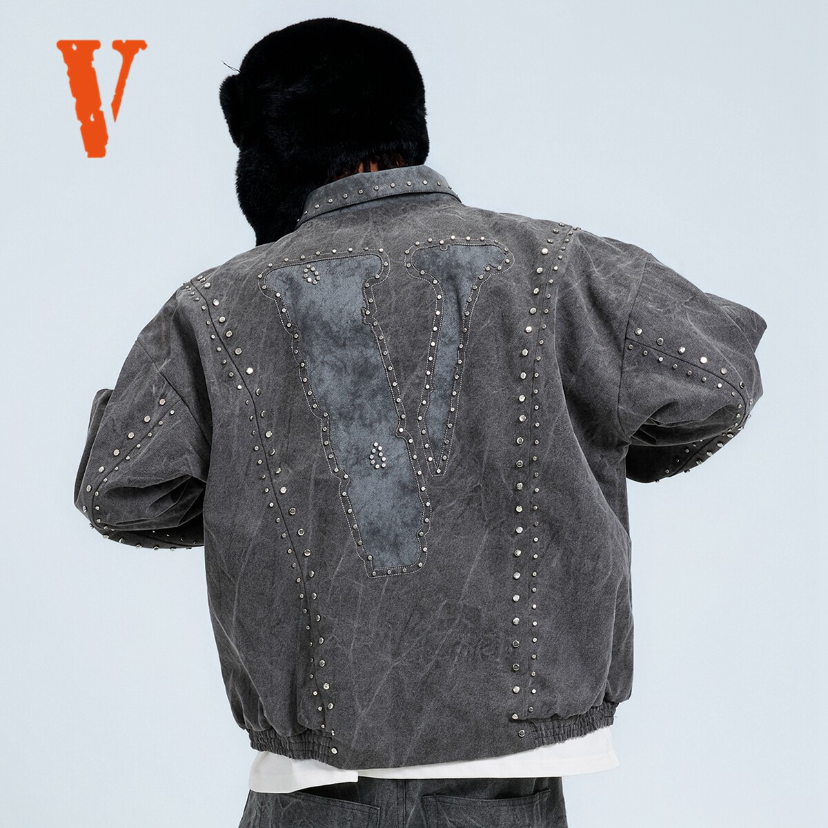 VLONE大LOGO系列铆钉拼皮水洗做旧树枝纹飞行员夹克男女同款