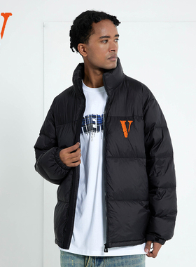 VLONE哥特刺绣立领长袖字母无帽立领拉链宽松羽绒服情侣款黑橙