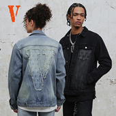 大logo系列 背面大v破坏风贴布翻领开衫 牛仔外套 VLONE 男女同款
