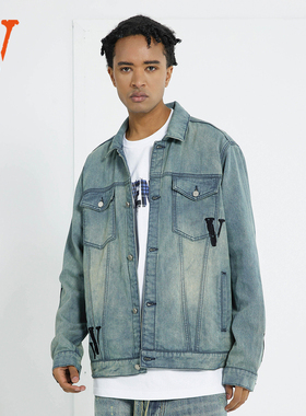 VLONE 美式拼接Logo刺绣 渐变水洗做旧 宽松牛仔外套 男女同款
