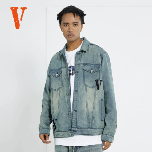 VLONE 美式拼接Logo刺绣 渐变水洗做旧 宽松牛仔外套 男女同款