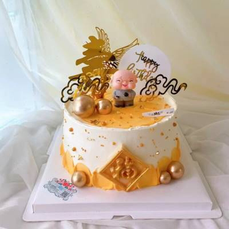 亚克力金c色仙鹤蛋糕插件装饰插牌3F件套寿星生日祝寿烘焙装扮用