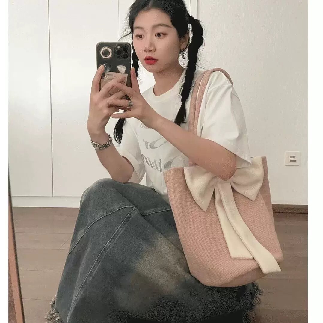 清新温柔可爱甜妹包包女韩版甜美时尚百搭蝴蝶结水桶包单肩腋下包