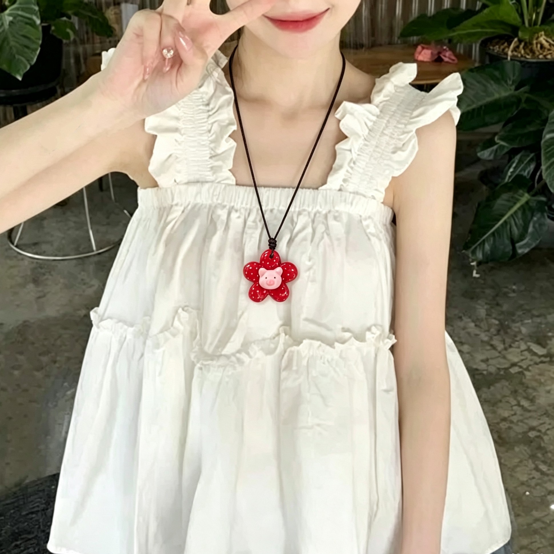 「小猪呼噜噜」超可爱甜妹多巴胺红色花朵猪猪项链女个性童趣颈链